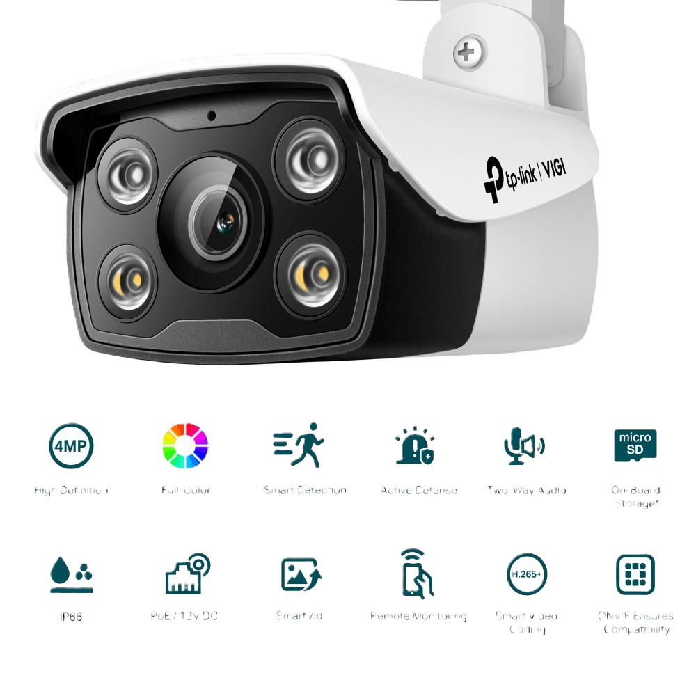 TP-LINK VIGI C340HPWSM-4 VIGI 4MP Outdoor Full-Color Bullet Network Camera,H.265+, PoE/12V DC,IP66